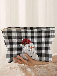 1pc Polka Dot Snowman Print Corduroy Makeup Bag, Zipper Closure, Christmas‑Themed Toiletry Organizer Bag For Daily Use, Travel And Holiday Gifting - Multicolor - View 8