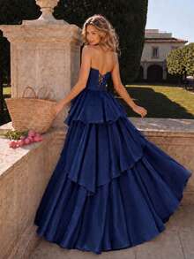 VIPGIRL Elegant Light Blue Strapless Bow Layered High Slit Formal Maxi Dress, Women's Formal Evening Gown Wedding Spring Fall Party - Dusty Blue - View 4