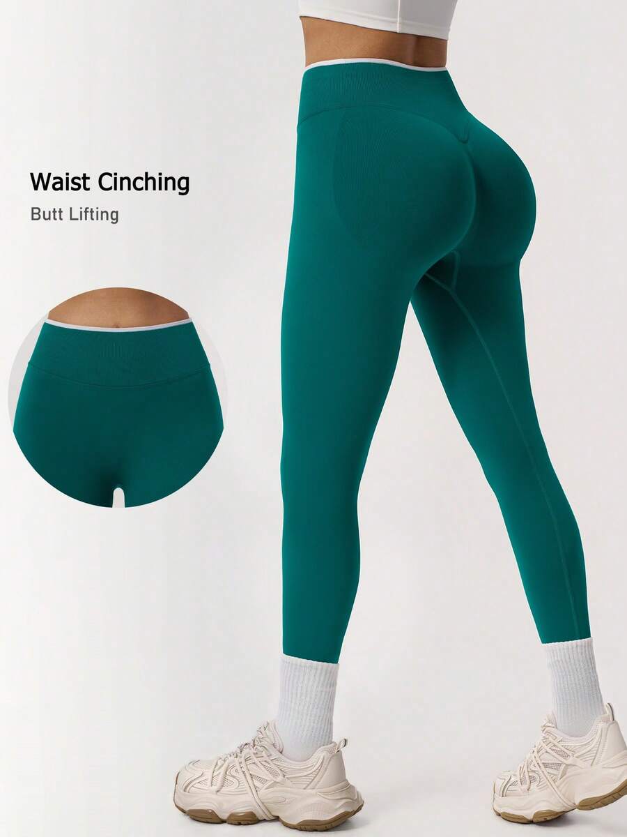 NcmRyu 1pc Women's Fashionable Elastic Contrast Color Ribbed High Waist Patchwork Waistband Butt-Lifting Soft Comfortable Sports Long Pants - Green - View 1