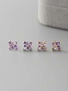1 par de pendientes de botón de plata de ley S925 con circonita geométrica púrpura, diseño elegante de nicho hipoalergénico para mujeres - geometría - Ver 2