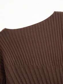 Women's French Style Ribbed Spliced Cinched Waist Lantern Long Sleeve Knit Sweater, Slim Fit Elegant Versatile Top For Office Commute Fall Winter - Coffee Brown - View 7