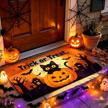 1pc Black Cat Pumpkin Moon Trick-Or-Treat Letter Pattern Entrance Doormat, Vintage Quirky Style Rubber Material Rectangular Wear-Resistant Absorbent Foot Mat, Halloween Holiday Yard Doorway Decor Scene - 0662+MZGJ - View 1