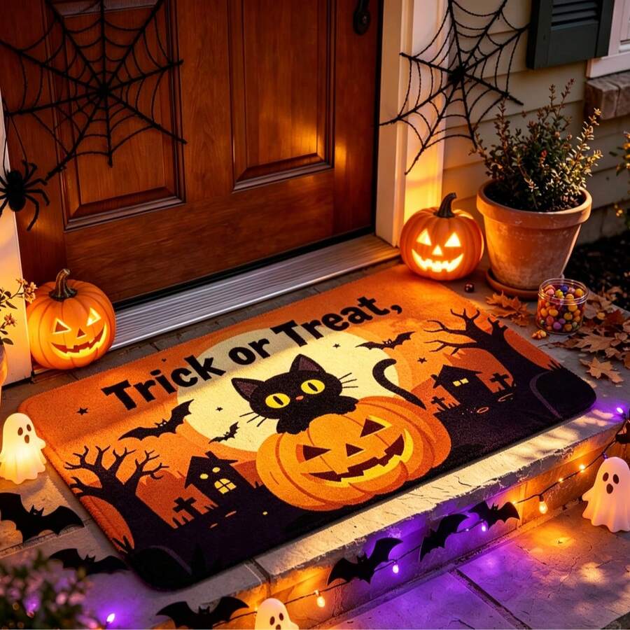1pc Black Cat Pumpkin Moon Trick-Or-Treat Letter Pattern Entrance Doormat, Vintage Quirky Style Rubber Material Rectangular Wear-Resistant Absorbent Foot Mat, Halloween Holiday Yard Doorway Decor Scene - 0662+MZGJ - View 1