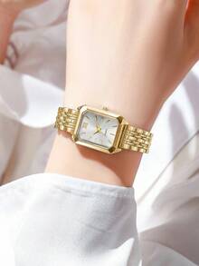 1件復古金色方形錶盤女士石英手錶，羅馬數字金屬鏈條錶帶優雅女款腕錶，適合日常佩戴、約會與送禮 - 白色 - 查看 6
