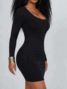 1pc All-Season Square Neck Ribbed Long Sleeve Extended Length 2-In-1 Built-In Padded Minimalist Slimming Casual Yoga Sports Outerwear Women's Black - Black - View 3
