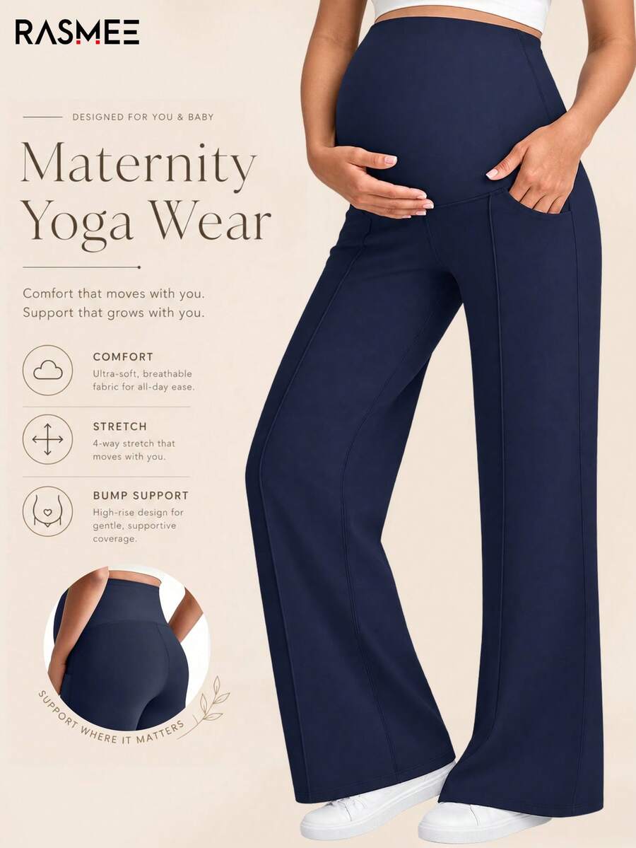 1pc Women's Maternity Pants, With Pockets, Elastic Waistband No Pressure On Belly, Double Pockets Convenient To Carry Sports Summer - Navy Blue - View 1