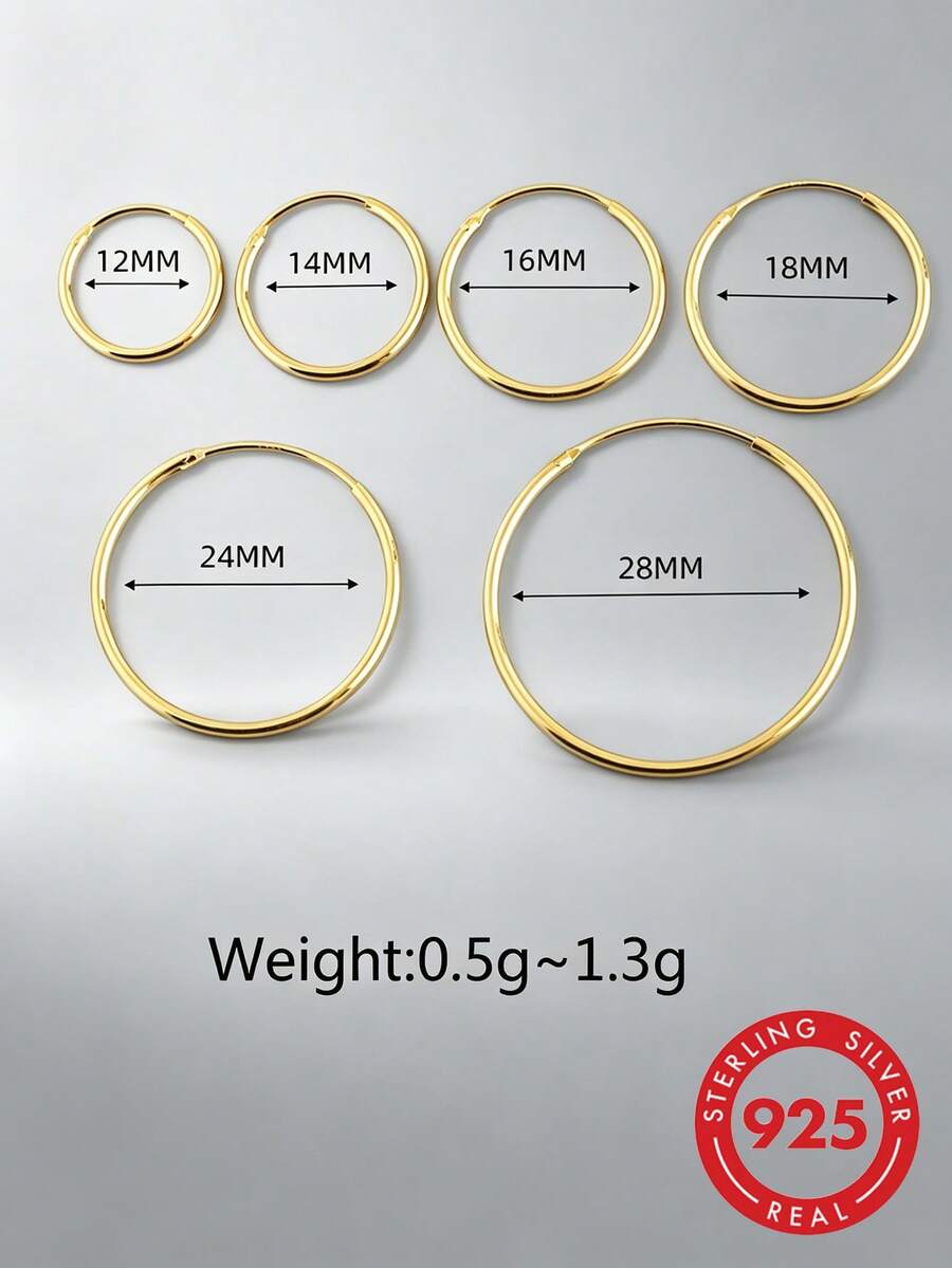HuooNew 1 Pair Minimalist Fashionable Versatile 925 Sterling Silver Plated Gold Lightweight Round Hoop Earrings, Simple Round Design, Silver Jewelry, Gift For Women - Yellow Gold - View 1