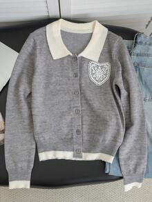 Autumn/Winter New Korean Style Sweet Casual Knit Cardigan For Women, Gentle Style Contrast Color Lapel Lace Heart Cardigan, Preppy Slimming Long Sleeve Jacket, Versatile For Daily Commute - Grey - View 6