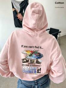 Autumn/Winter Casual Women's Hooded Long Sleeve Sweatshirt With Oil Painting Tool Print, Sporty Jogging Style Women's Top, Y2K Streetwear Hoodie - Nude Pink - View 10