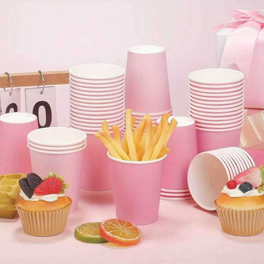 100/50/40/30/20/10/10 Pink Macaron Paper Cups, European Ins Minimalist Macaron Color Style, Pure Light Pink Cup Body With Delicate Texture, Leak-Proof Beverage Paper Cups, Suitable For European Outdoor Markets, Outdoor Activities, Store Beverage , Friends Picnic Gatherings, Holiday Celebrations And Leisure Scenes - Pink - View 1