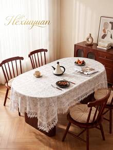 HXARTMIS 1PC Gray Linen Plaid Embroidered Linen Texture Tablecloth, Hollow Wave Lace Trim Rectangular Table Cover, Country Vintage Style Dining Table Decor, Suitable For Indoor, Outdoor, Wedding, Patio, Tea Party Scenes - White Flowers + Green - View 2
