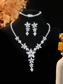 Light Luxury Zirconia Flower Necklace Bracelet Earrings Set, Exquisite Versatile, Suitable For Women's Daily, Wedding, Party, Vacation, Holiday Gift - Silver - View 9