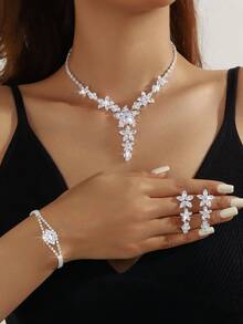 Light Luxury Zirconia Flower Necklace Bracelet Earrings Set, Exquisite Versatile, Suitable For Women's Daily, Wedding, Party, Vacation, Holiday Gift - Silver - View 8
