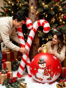 3pcs/Set PVC Inflatable Christmas Ball, Inflatable Candy Cane And Candy Cane Set, Includes Large Red Decorative Balloon, Suitable For Christmas Scene Decoration, Christmas Party, Christmas Atmosphere Arrangement And Photo Props - Multicolor - View 5