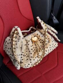 Vintage Leopart Dot Faux Fur Buckets Bag Designer Soflt Plush Women Shoulder Bags Heart Lock Chains Crossbody Bag Small Tote Bag - Multicolor - View 2