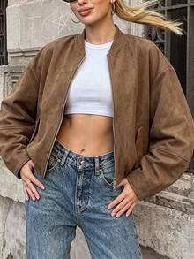 Women's Basic Baseball Short Jacket, Stand Collar Full Zip Loose Long Sleeve Fit, Side Pocket Design, Suitable For Daily Commute And Street Casual Looks - Brown - View 4
