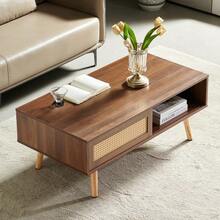 Wicker Coffee Table, Tea Table With Sliding Doors, Solid Wood Legs, Modern Living Room Table, Dark Walnut Wood-H40/W1050/D55 Cm - 棕色 - 查看 2