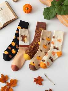 5 Pairs Women's Autumn Mid-Calf Socks, Cute Cartoon Squirrel Pumpkin Acorn Maple Leaf Pattern, Thanksgiving Casual Everyday Socks - Multicolor - View 1