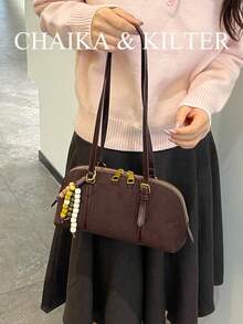 CHAIKA & KILTER 1件純色麂皮布料單肩包，女款復古時尚啞光貝殼包，對比色絎縫線條，雙手柄設計，拉鍊開合，適合日常與街頭使用（附吊飾） - 咖啡 - 查看 5