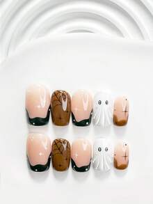 10pcs Halloween Theme Handmade Press-On Nails, Latte Style Poly Gel Nail Set, Ghost White Nail Polish, Vintage Sweet Cool Style, Includes Nail Tools, 3 Sizes Available, Square/Short Square/Almond Shape, Suitable For Party, Dancing, Daily Wear - Multicolor - View 12
