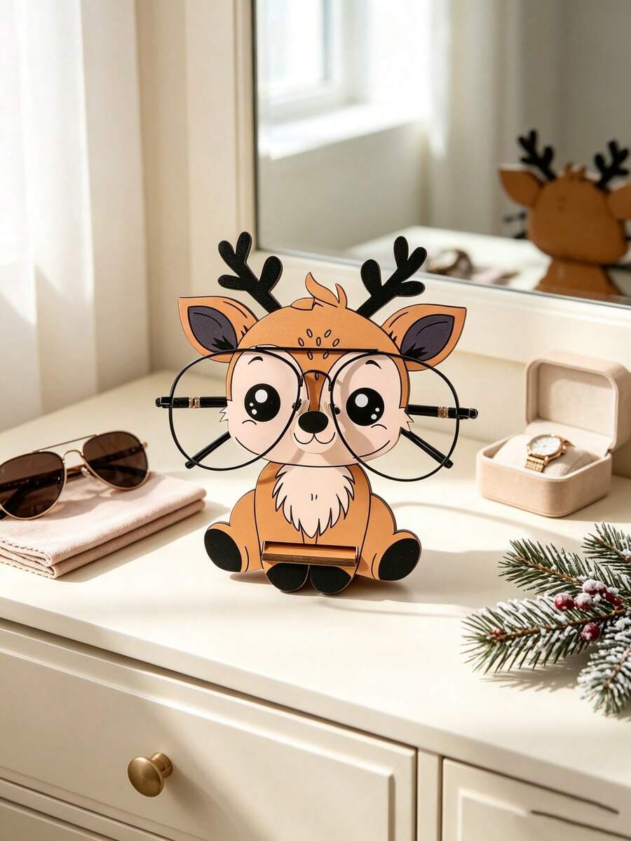 1pc Wooden Christmas Deer-Shaped Eyeglass Holder, Desktop Fun Decorative Ornament, Eyeglass Storage And Display Stand, Christmas Party Small Gift,For Desktop, Vanity Table, Desk, And Bedside Cabinet - Sika Deer - View 1