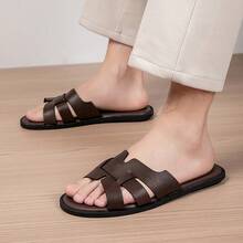 Men's Microfiber Leather Flat Slides Summer Non-Slip Rubber Sole Breathable Beach Sandals - Brown - View 2
