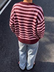Women's Autumn/Winter Striped Round Neck Long Sleeve Knit Sweater Contrast Color Pullover Top - Burgundy - View 4
