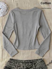 Autumn Black  Print Y2K Women's Fitted Long Sleeve Crew Neck Cotton Tee - Grey - View 7