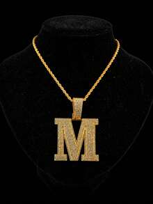 1pc Hip Hop Oversized M Letter Iced Out Pendant Necklace, Rhinestone Cuban Chain Set, Rap Style Accessory, Unisex Music Festival Party Outfit Personalized Jewelry Gift - M - View 18