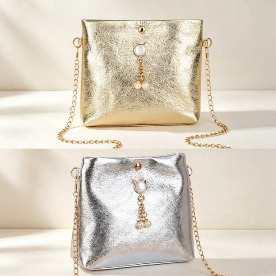 Damen Metallic Crackle Polyester Ketten Umhängetasche, modische Perlen Dekor Schultertasche, Gold Silber Farboptionen, lässige tägliche Party Handtasche - Gold - Übersicht 1
