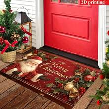 2D 1pc Santa Claus And Christmas Tree Pattern Welcome Mat - "Merry Christmas" Text, Machine Washable, Holiday Holly Berry And Gold Accent Decoration, Christmas Mat, Suitable For Doorway, Bedroom, Bathroom, Kitchen, Holiday Decor - Red - View 6