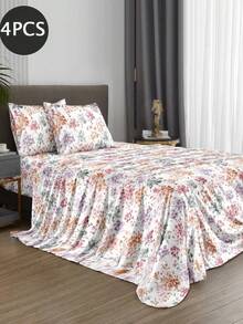 4pcs/Set White Pink Purple Gradient Hydrangea Branch Pattern Bedding Set Easy Care Soft Bedding Set (1pc Flat Sheet + 1pc Fitted Sheet + 2pcs Pillowcases) Fitted Sheet Suitable For King, Queen, Full And Twin Size Beds Pillowcase Depth 11.8 Inches Soft Breathable Wrinkle-Resistant - Multicolor - View 2