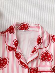 Setelan Piyama Wanita Motif Garis-Garis dan Hati, 2 Potong, Atasan Lengan Panjang dengan Kerah dan Celana Panjang Pinggang Elastis, Pakaian Santai yang Lembut - Merah - View 3