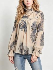 YUXIN Modern Elegant Women's Paisley Print Blouse, Ruffle Trim Faux Collar Lace Patchwork Bishop Sleeve Top, Autumn/Winter Daily Commute & Vacation Wear - Khaki - View 8
