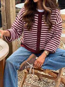秋冬新款女款極簡優雅性感辣妹森系學院風條紋針織開襟衫 - 酒紅拼粉紅色 - 查看 3