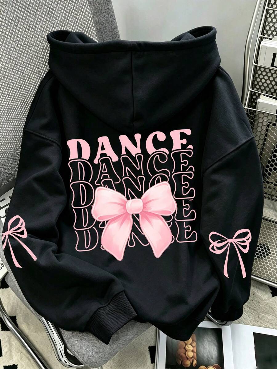 Sweet Girl Style Multi-Layer Dance Letter Bow Print Hooded Sweatshirt, Loose Pullover Sweatshirt With Back And Double Sleeve Ribbon Graphic, Versatile Streetwear Top For Girls - Black - View 1