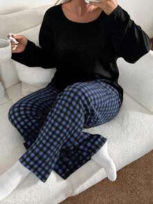 Women's Plus Size Plaid Print Long Sleeve Long Pants Loungewear Set, Autumn/Winter Clothing - Black - View 1