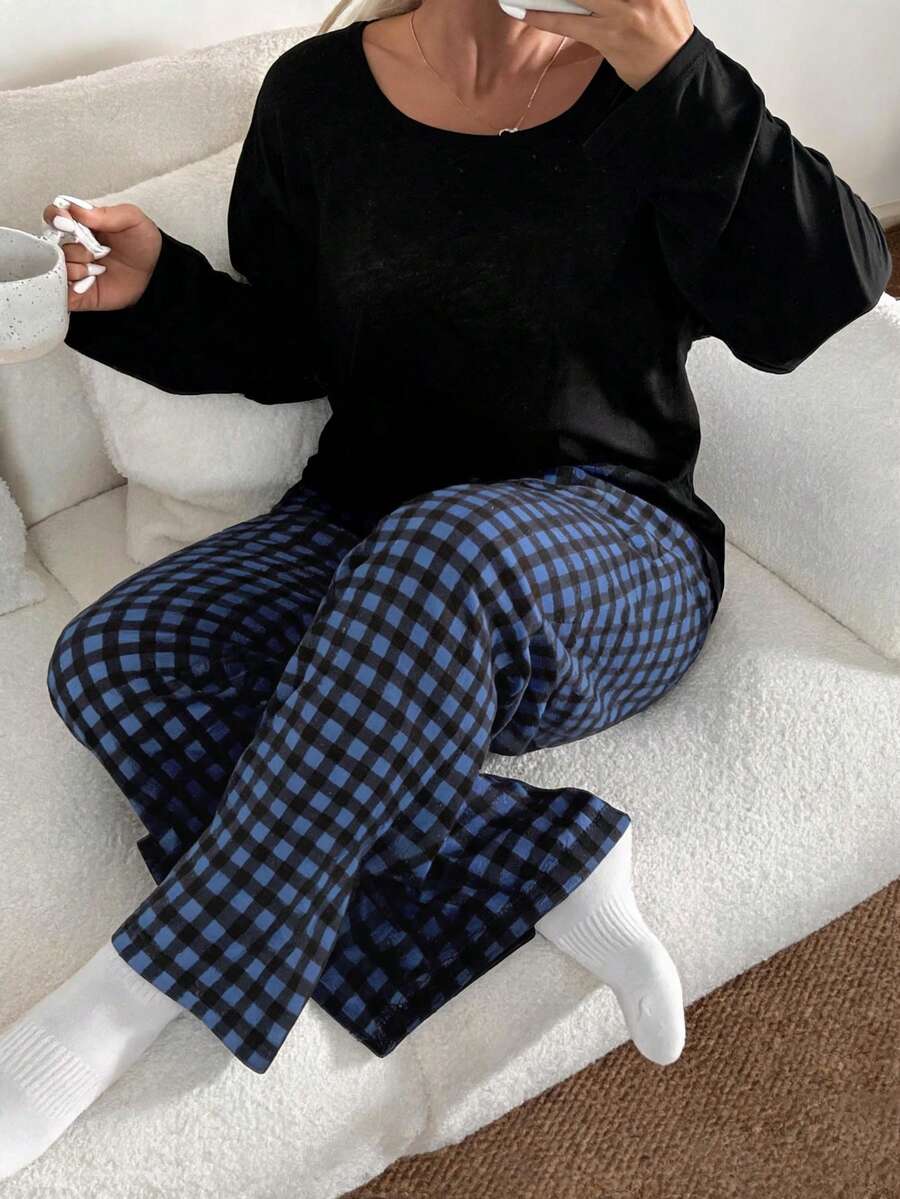 Women's Plus Size Plaid Print Long Sleeve Long Pants Loungewear Set, Autumn/Winter Clothing - Black - View 1