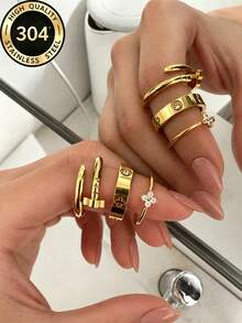 3pcs/Set Stainless Steel Clover Zirconia Rings, Waterproof Non-Fading Elegant Women's Jewelry, Suitable For Daily Wear And Party Charm, Ideal Gift - Gold - View 1