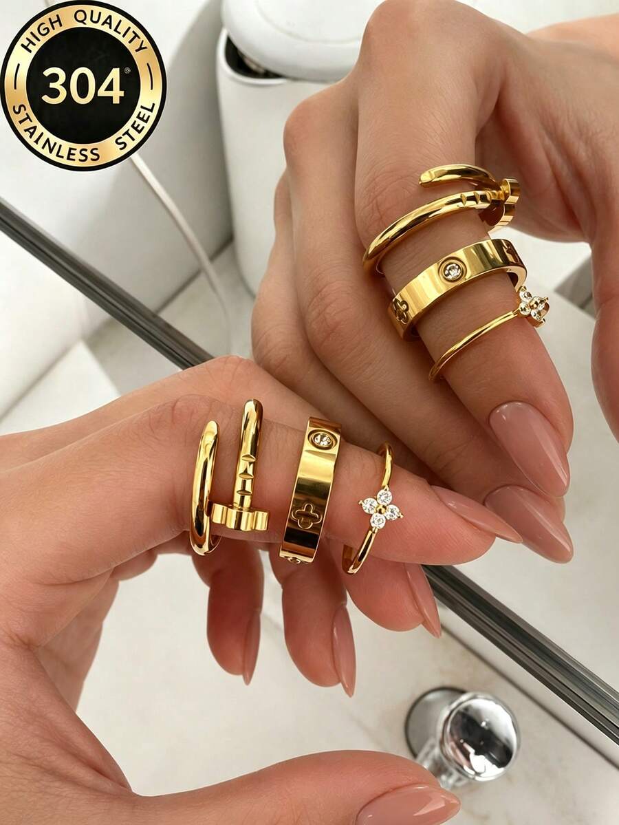 3pcs/Set Stainless Steel Clover Zirconia Rings, Waterproof Non-Fading Elegant Women's Jewelry, Suitable For Daily Wear And Party Charm, Ideal Gift - Gold - View 1