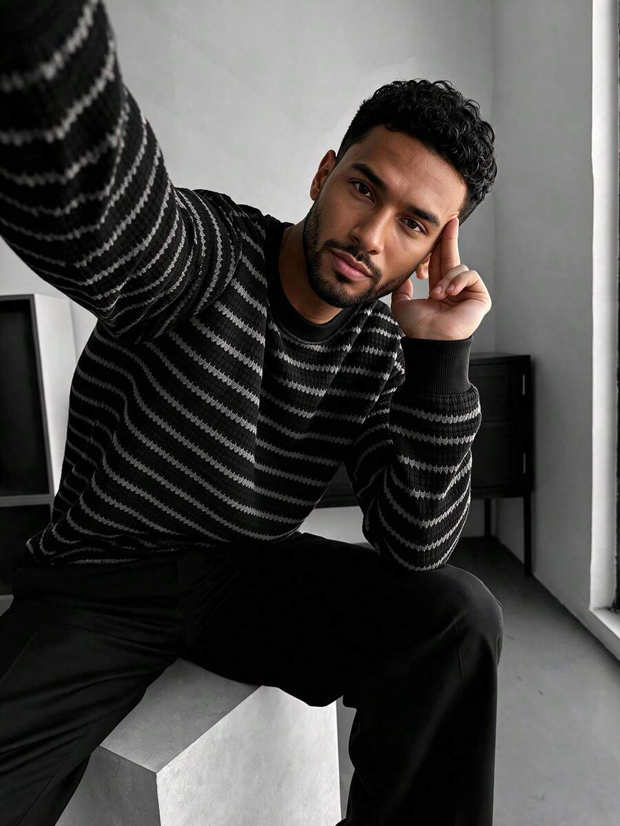 Suéter de punto a rayas casual para hombre, uso diario y trayectos, top básico - Gris Oscuro - Ver 1