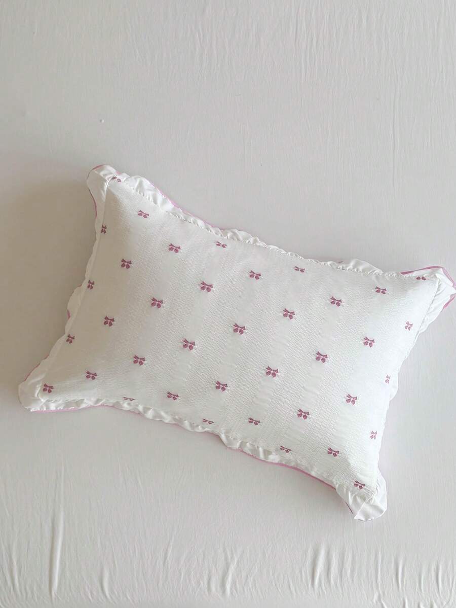 1pc Pink Embroidered Bow & Ruffle Edge Pillowcase, INS Style Decorative Throw Pillow Cover, Modern Minimalist Cute Long Pillowcase For All Seasons, Gift Idea, Machine Washable, No Filling Included - Multicolor - View 1