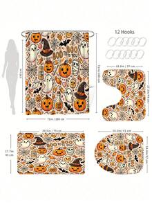 4-Piece Kids' American Cartoon Halloween Bathroom Set, Waterproof, Moisture-Proof, Mildew-Resistant, Semi-Transparent Shower Curtain With Cute Ghost, Pumpkin, Witch Hat, Mummy And Candy Patterns, U-Shaped Non-Slip Bath Mat, Toilet Mat, Home Bathroom Decor - A - View 4