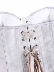 Yuwenier Grey Minimalist Vintage Blended Design Fishbone Bustier Tank Top, Front Button Closure, Back Lace-Up, Metal Eyelets, Women's Halloween Date Outerwear Top - Grey - View 8