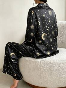 2pcs Women's Satin Loungewear Set, Star & Moon Print Long Sleeve Deep V-Neck Lapel Top + Loose Pajama Pants - Black - View 2