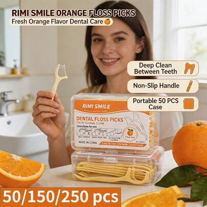 50/150/250 Pcs Orange Flavor Dental Floss Picks With Portable Storage Case, Non-Slip Handle & High-Tensile Thread, Deep Clean Interdental Gaps & Remove Plaque, Fresh Breath Oral Care Tool For Kids, Teens & Adults, Perfect For Home, Office Travel Use
