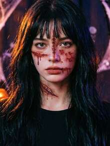 1 Folha de Tatuagens Temporárias de Rosto de Terror de Halloween, Adesivos de Cicatriz Falsa com Ferida Costurada Sangrenta, Tatuagens Realistas de Boca de Demônio com Dentes Afiados e Sangue Escorrendo para Cosplay, Festa à Fantasia, Maquiagem de Rosto e Corpo, Decorações de Rave - Multicolorido - Visão 3