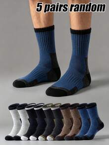 1/5 Pairs Men's Vintage Colorblock Ski Snow Socks, Thickened Sports Terry Warm Mid-Calf Socks With Fleece Lining - Multicolor - View 6