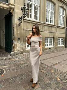 Solid Color Off-The-Shoulder Sleeveless Cropped Knit Top And Long Straight Knit Skirt 2-Piece Set, Slim Fit, Coffee Color, For Date, Afternoon Tea, - Grey - View 4