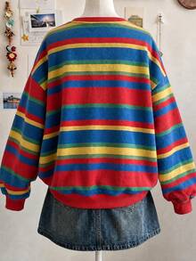 1pc Tween Girl Rainbow 4-Color Horizontal Striped Crew Neck Sweatshirt, Vibrant Contrast Color Loose Fit Unisex Tween Girl Spring Autumn Basic Casual Long Sleeve Top - Red - View 3